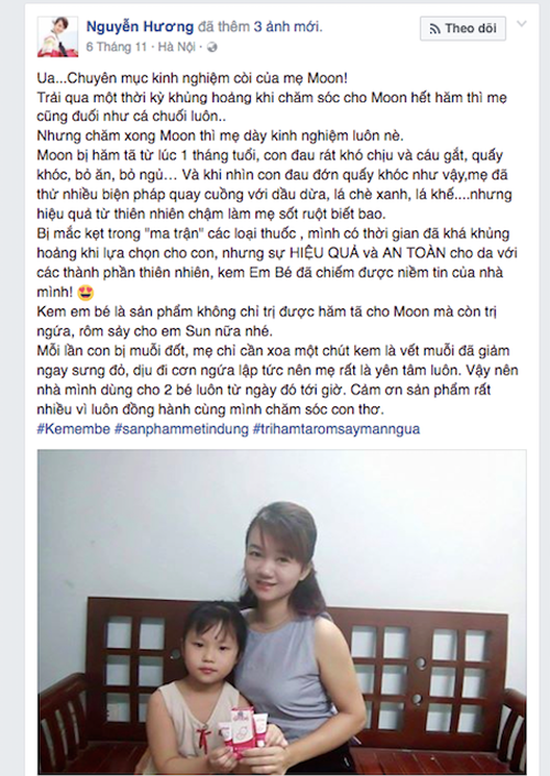 Chia sẻ của mẹ Nguyễn Hương về kinh nghiệm chăm sóc da bé trên facebook