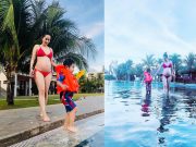 Khánh Thi mang bầu 8 tháng vẫn tự tin diện bikini du dịch cùng chồng con